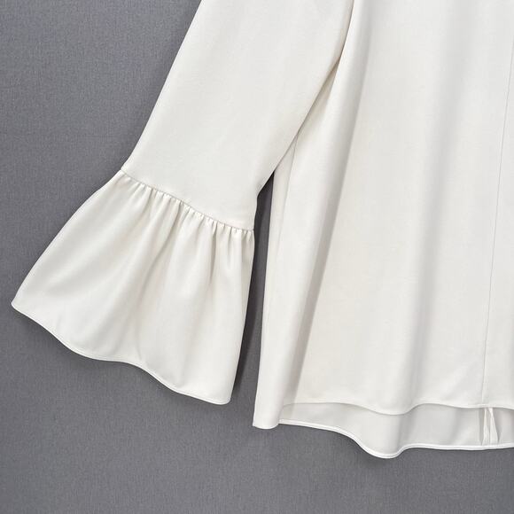 TIBI Ruffle Bell Sleeve Top Womens 4 Off White Chalky Drape Crew Neck Blouse - Picture 6 of 14